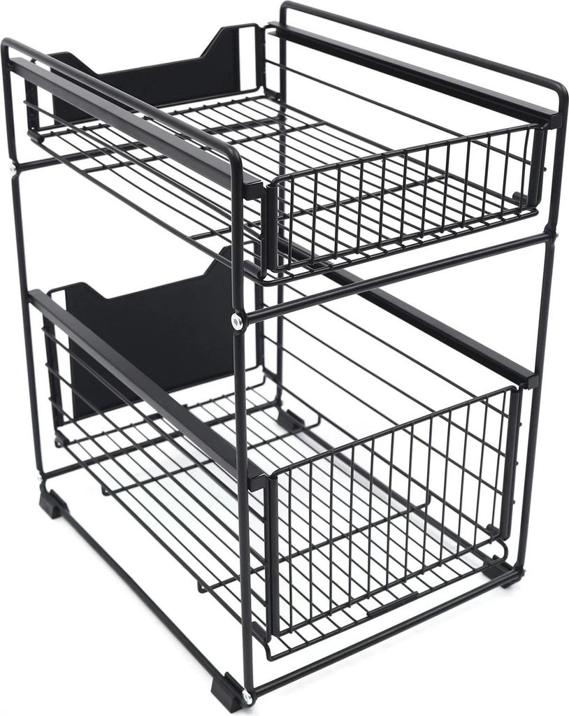 Organizer für Spülenunterschrank - 2‐Etagen Regal - Ausziehbare Schublade - Teleskopisch - Metall - Freistehend Für Küche/Bad - Schwarz