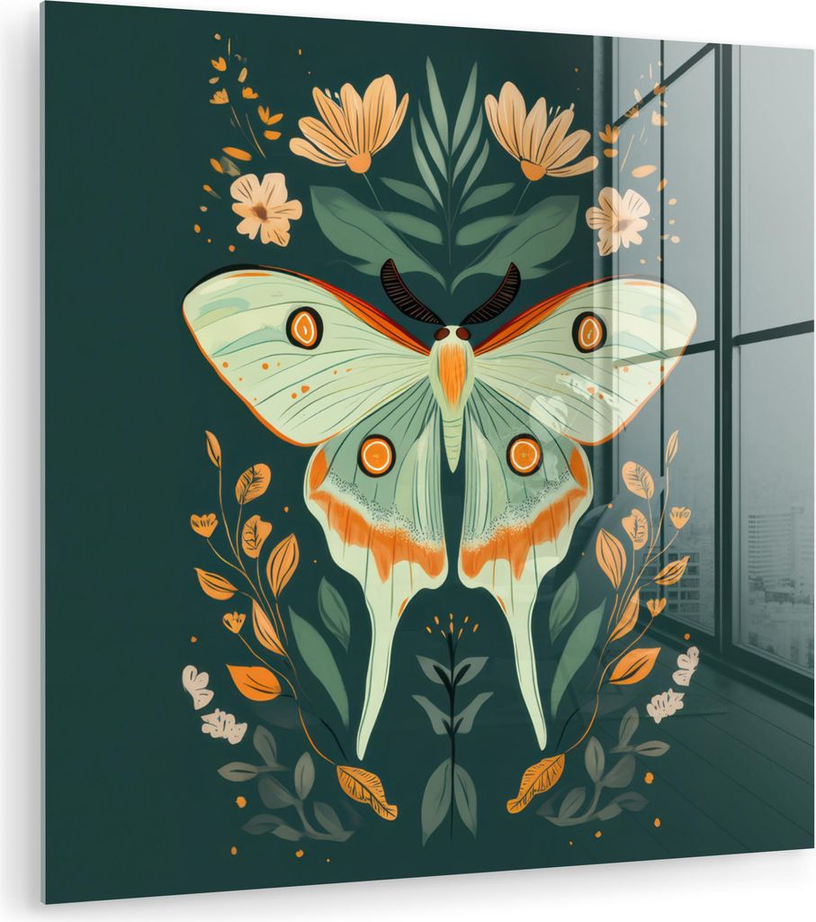 MuchoWow Glasbilder - Bilder auf Wandbild - Foto auf Glas Ornamental - Schmetterling - Grün - Blätter 20x20 cm Wanddekoration aus Glas - Acrylgla...