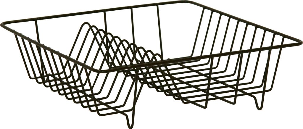 A black wire dish rack is shown against a white background.