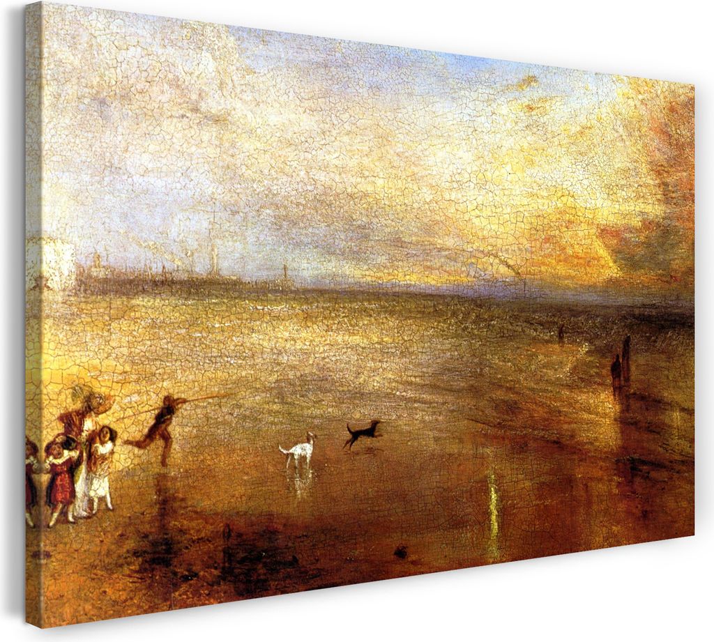 Leinwandbild (60x40cm): William Turner - Mutter mit Kindern und Hunden am Strand, echter Holz-Keilrahmen inkl. Aufhänger, handgefertigt in Deutsch...