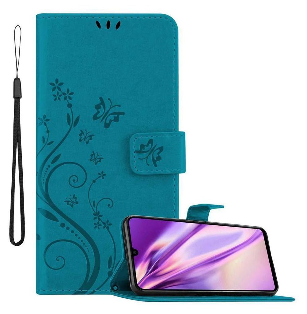 A teal flip phone case with a floral and butterfly design, shown open with a smartphone inside.