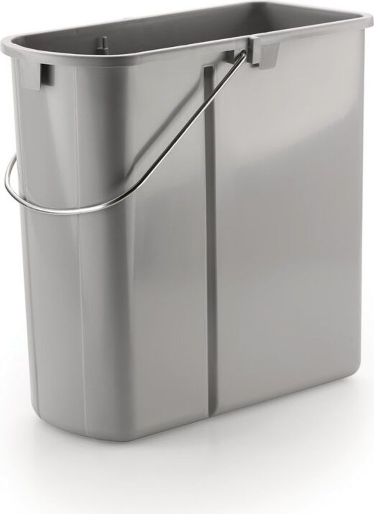 A gray rectangular bucket with a metal handle is shown against a white background.
