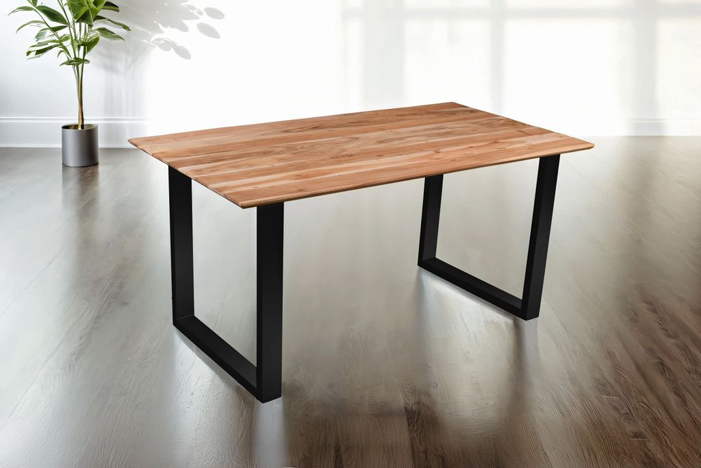 Refurbished Möbelretoure Esstisch 160x85cm Akazie massiv eichenfarben schweizer Kante U-Gestell schwarz DEAN