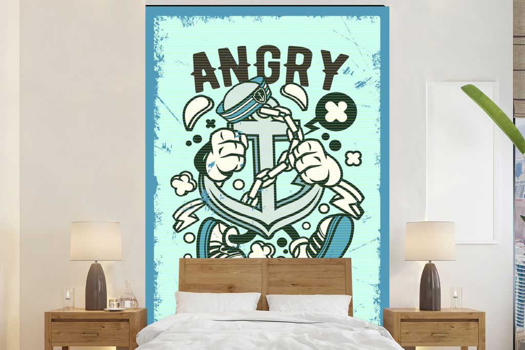 MuchoWow Fototapete für Wohnzimmer oder Schlafzimmer Wandtapete Vinyl Motivtapete Anker - Blau - Retro - 160x240 cm - Vinyltapete