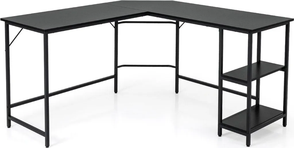 Bureau d'angle en L Gain de Place Noir avec Rangement pour Petit Espace