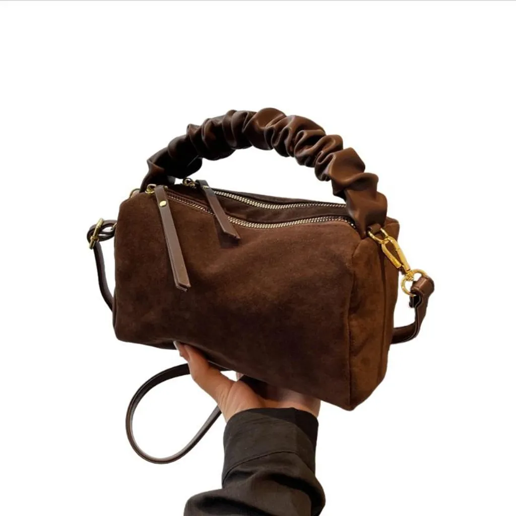 INF Borsa Donna Suede Marrone Caffè Catena Plissettata | Vera Pelle