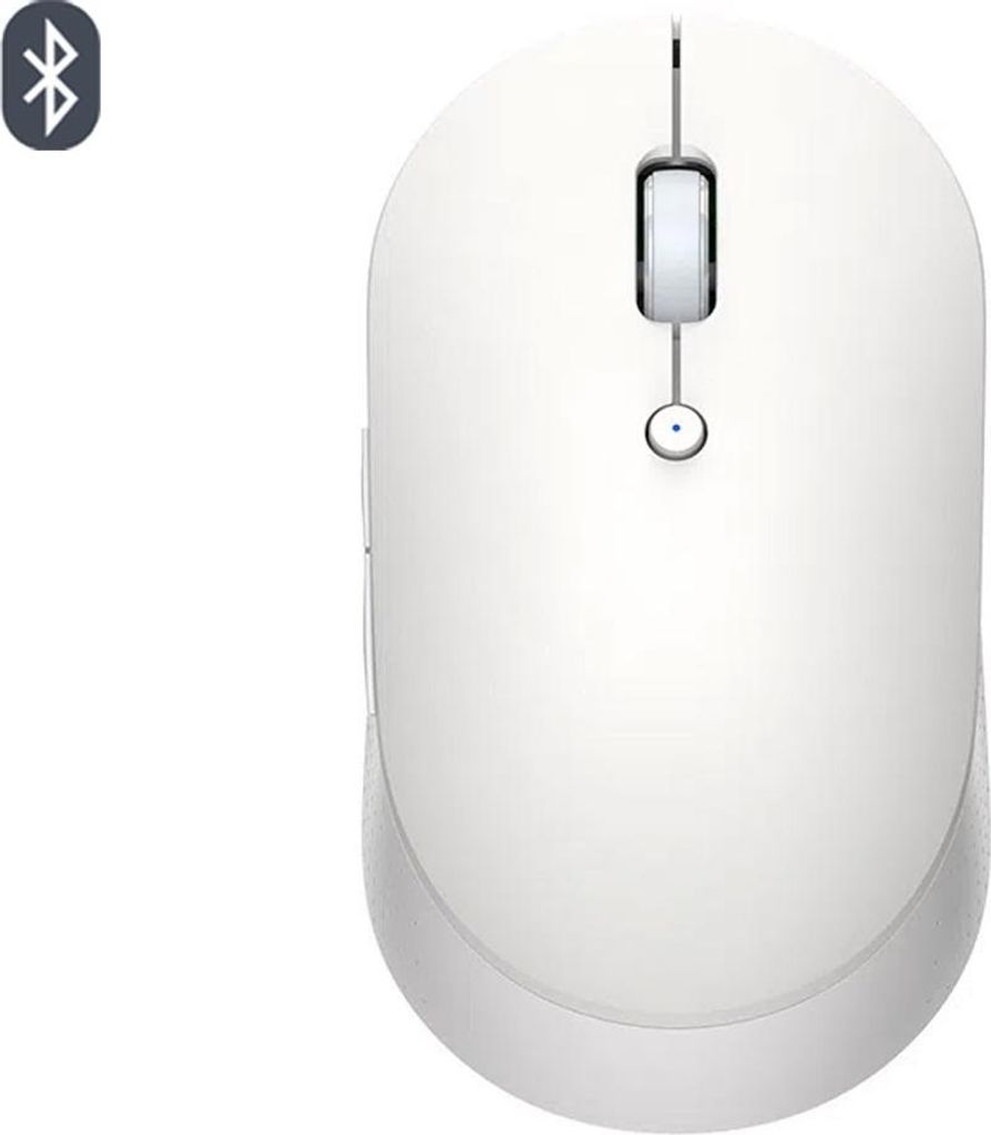 A white wireless mouse is shown from a top-down perspective against a plain white background.