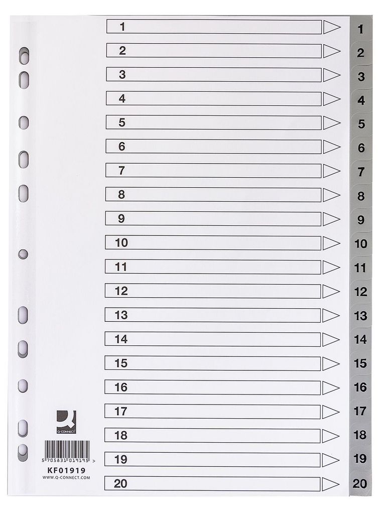 Q-Connect KF01919 Zahlenregister - 1 - 20, PP, A4, 20 Blatt + Indexblatt, grau