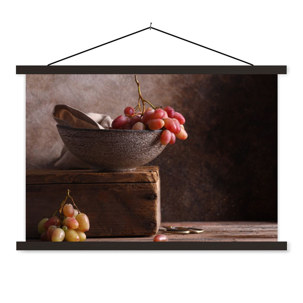 MuchoWow Textilposter Rustikal - Weintrauben - Schale - Stilleben - Obst 90x60 cm mit schwarzem Rahmen - Aufhängungssatz