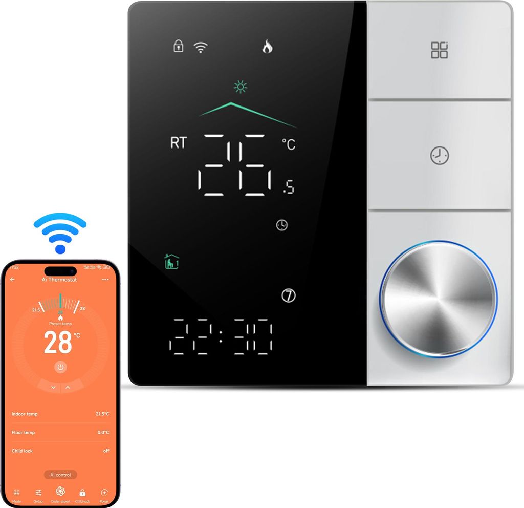 Smart Thermostat für Haus Elektrische Fußbodenheizung WiFi AC Thermostat mit AI Smart Learning APP Control LED Digital Touch Screen und verstellb...