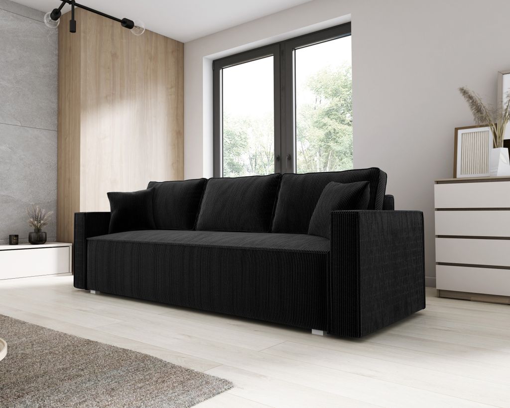 Sofa mit Schlaffunktion NOEMI Schlafsofa mit Bettkasten Couchgarnitur Couch Cordstoff Wohnzimmersofa Bettsofa Polstersofa Klappsofa Schwarz PS135
