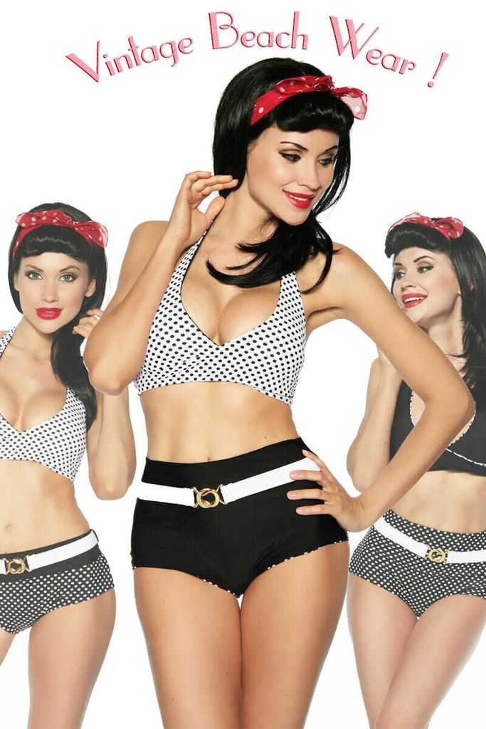 Rockabilly Wendebikini mit Gürtel 12898 Vintage-Bikini Set Triangel-Bikini, schwarz/weiß/dots, Gr. S=34