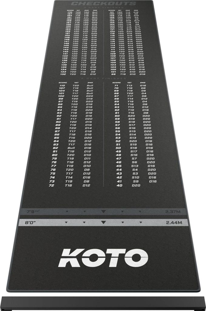 KOTO - Dartteppich Mit Oche Checkout Grau 285 x 80 cm, Dartmatte, Score Indikator, Rutschfeste Dartmatte