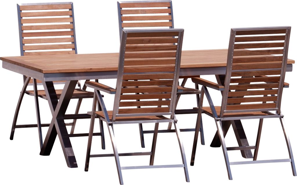 ALEOS. Gartengarnitur Edelstahl Teak Set: Ausziehtisch 200-260x100 cm + 4 Teak-Edelstahl Hochlehner, Sitzgruppe A-Grade Teak Holz - Serie NASSAU - ...