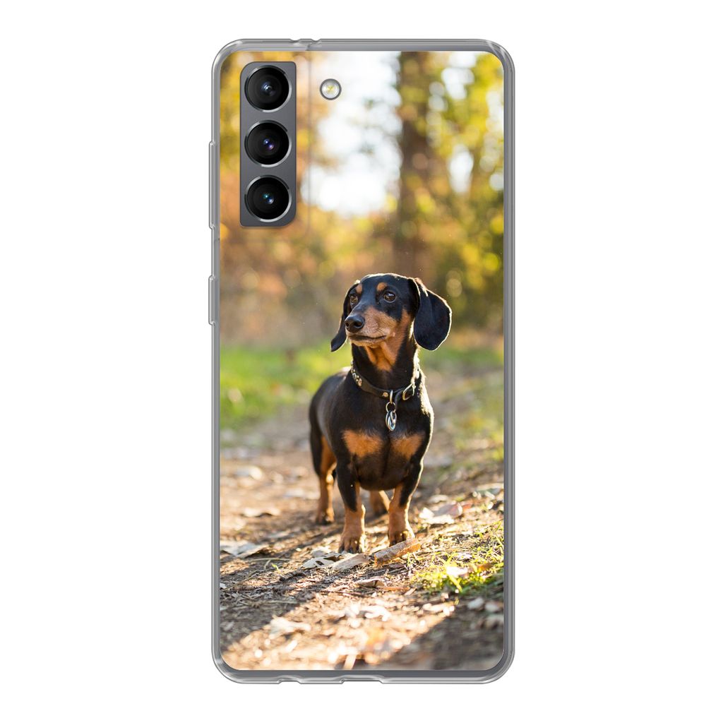 MuchoWow Handyhülle Schutzhülle Hülle für Samsung Galaxy S21 Ein schöner Dackel im Wald Silikon Softcase Handy Hülle - Softcase