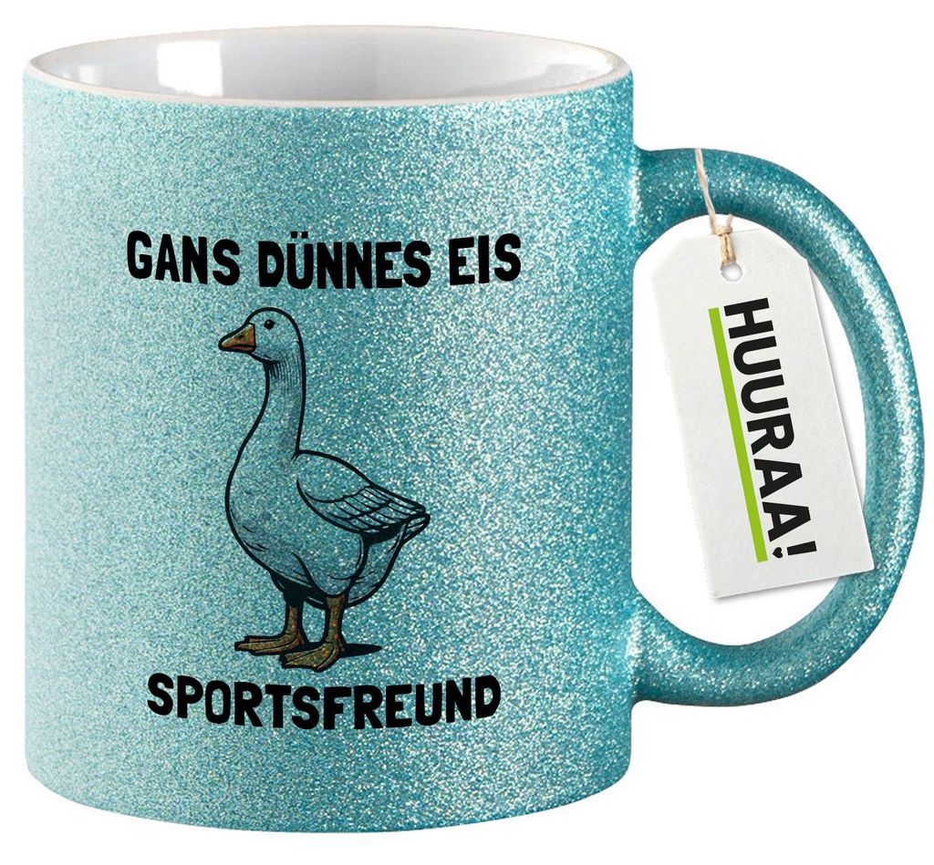 Huuraa Glitzertasse Gans dünnes Eis Sportsfreund Gans Meme 330ml Blau Keramik Kaffeebecher Geschenkidee