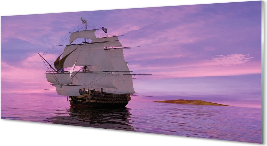 Glasbilder 125x50 Wandkunst Lila Himmel Schiff Meer