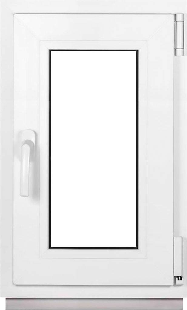 A white window frame with a clear glass pane, shown against a white background.