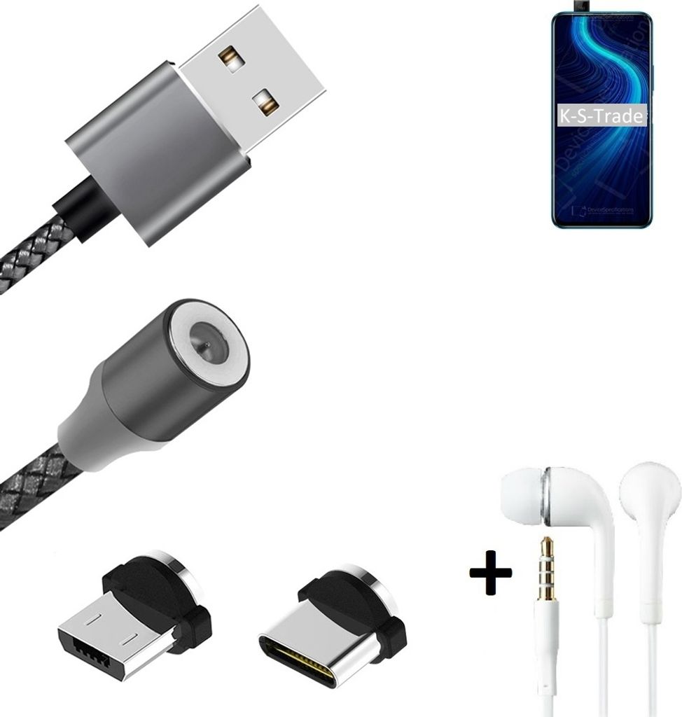 K-S-Trade Hochwertiges Magnet-Lade-kabel Sync-Kabel Daten-Kabel + Kopfhörer kompatibel mit Huawei Honor X10 mit USB-Typ-C-Anschluss und