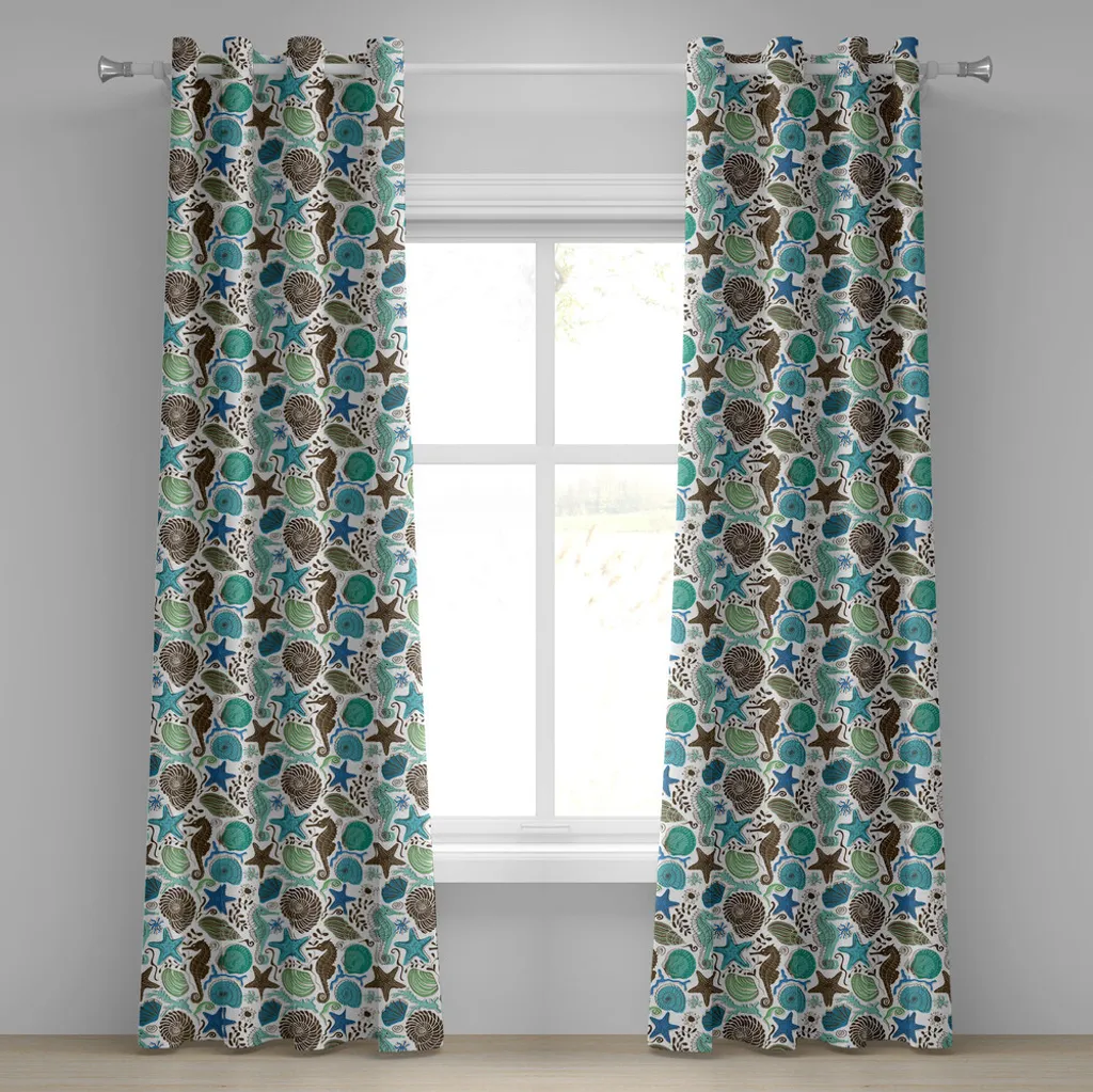 ABAKUHAUS Tenda con occhielli Sea Shells, arte marittima con cavallucci marini e stelle marine disegnati a mano, motivo acquario, tende decorative a 2 pannelli, 280 cm x 175 cm, marrone schiuma di mare e blu