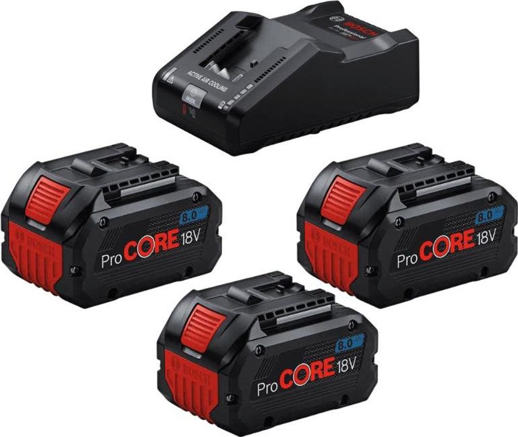 A set of Bosch ProCORE 18V batteries and a charger are displayed against a white background.