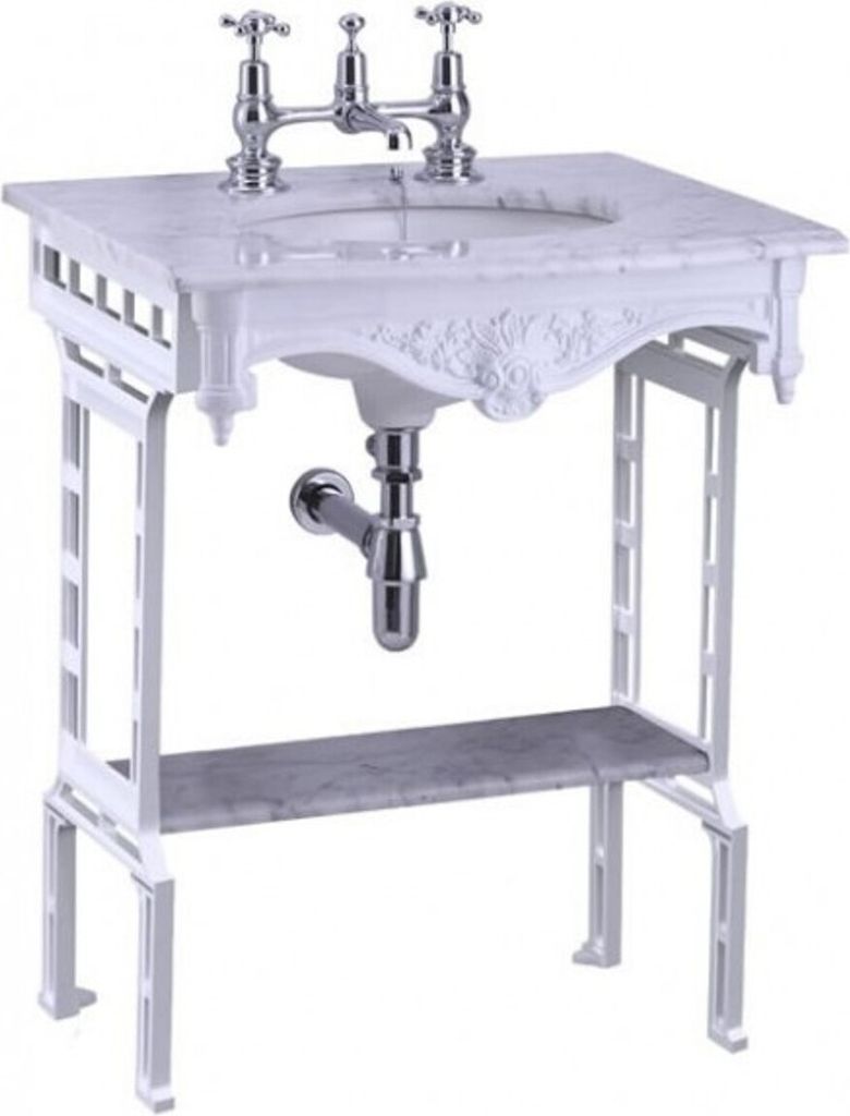 Casa Padrino Luxus Jugendstil Stand Waschtisch Weiß / Weiß mit Marmorplatte und Ablage Barock Waschbecken Barockstil Antik Stil