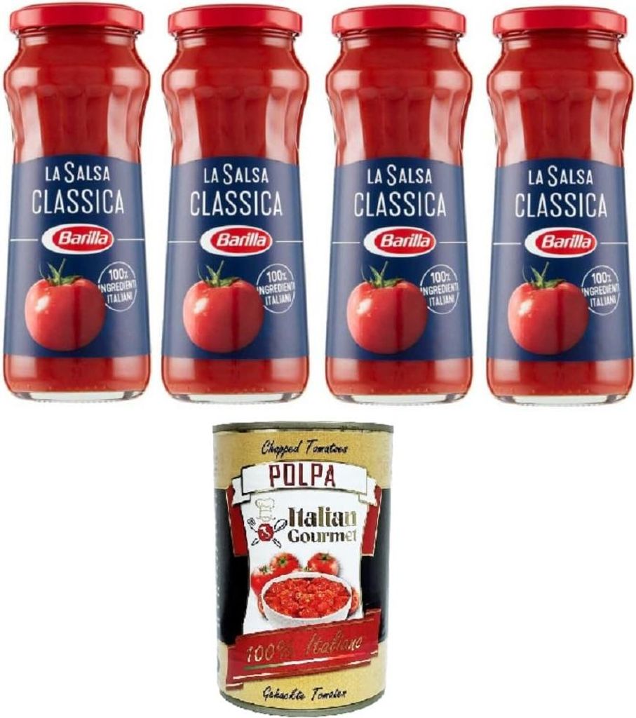 Barilla - Sugo Salsa Pronta Classica,Klassische Fertigsauce, mit Tomaten und nativem Olivenöl extra, glutenfrei – 4x300 g+ Italian Gourmet polpa...