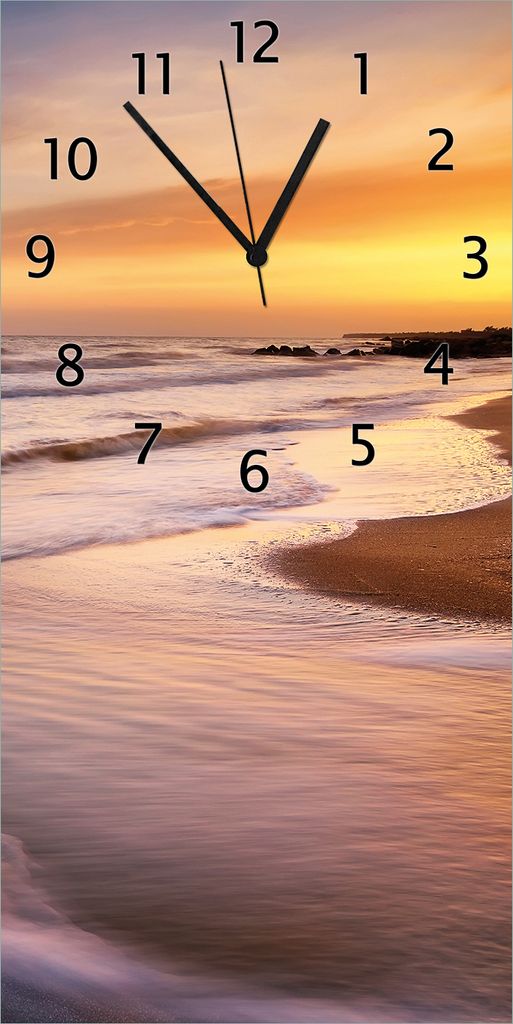 Wallario Design Wanduhr bedruckt, Größe 30 x 60 cm, Motiv: Sonnenuntergang am Strand - Abendspaziergang