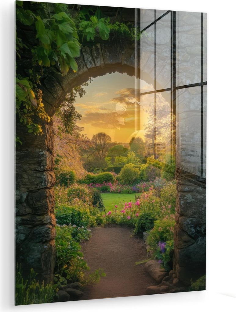 MuchoWow Glasbilder - Bilder auf Wandbild - Foto auf Glas Tor - Pflanzen - Sonnenuntergang 30x40 cm Wanddekoration aus Glas - Acrylglasbild - Acryl...