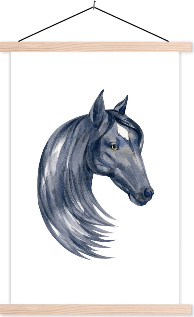MuchoWow Textilposter Pferd - Aquarell - Schwarz - Mädchen - Kinder - Mädchen 120x180 cm mit holzfarbenen Rahmen - Textil-Plakat