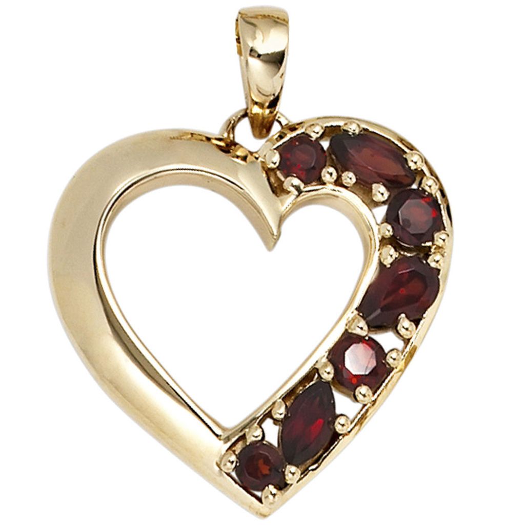 Schmuck Anhänger Herz aus 585 Gold Gelbgold mit Granat dunkelrot Halsschmuck