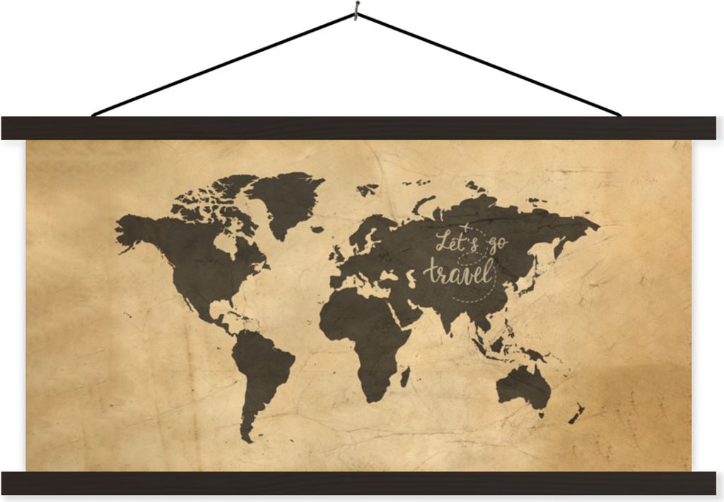 MuchoWow Textilposter Weltkarte - Sprichwörter - Schwarz 120x60 cm mit schwarzem Rahmen - Dekoration Schlafzimmer