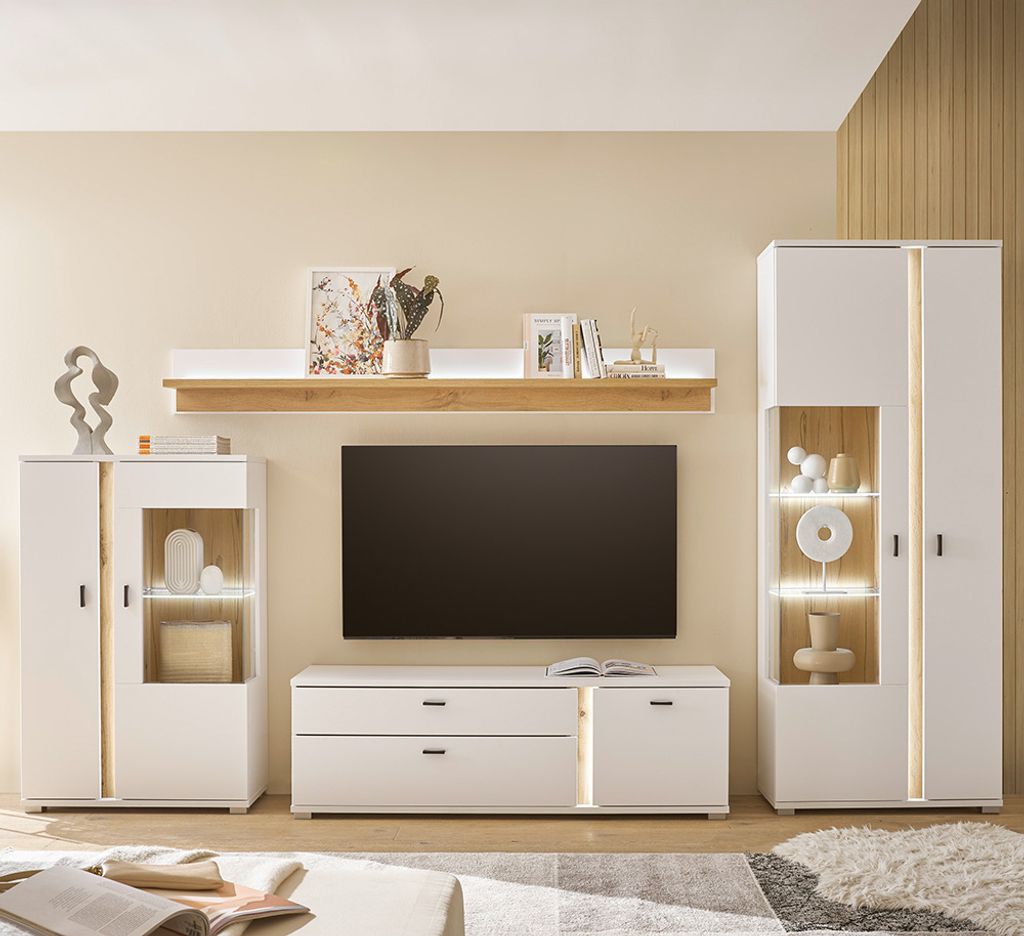 Wohnwand weiß mit Eiche LOVENO-61 Modern 4-teilig