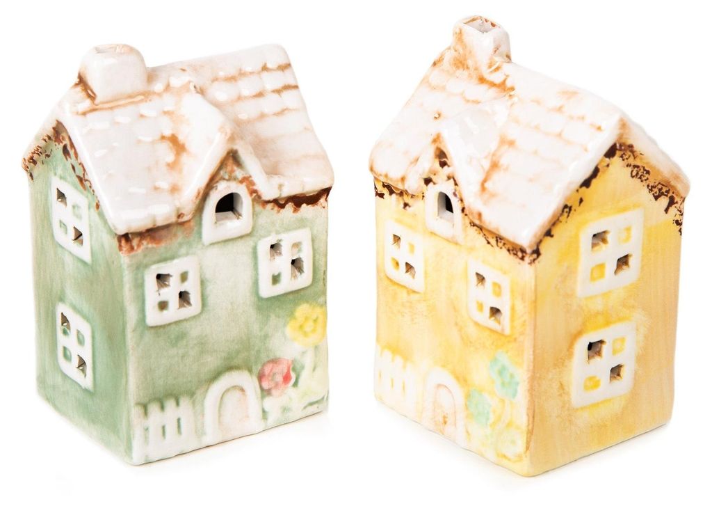 Logbuch-Verlag 2 Deko Häuser aus Keramik gelb grün Frühling Sommer Haus Figuren zum Hinstellen 6 x 5 x 9,5 cm