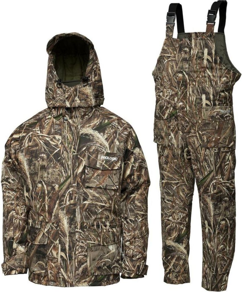 A camouflage jacket and bib overalls are displayed against a white background.