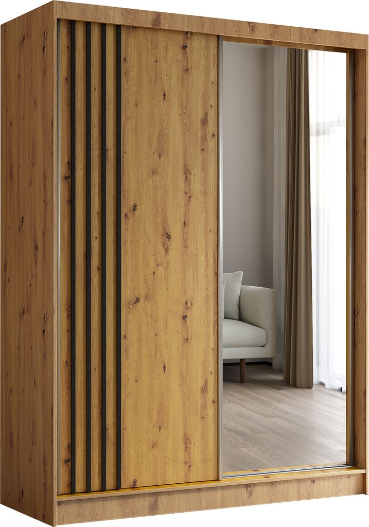 Masseno Schiebetürenschrank NELVIA 160 cm Kleiderschrank Schlafzimmer Schrank 2-türig mit Spiegel und Lamellen Eiche Artisan