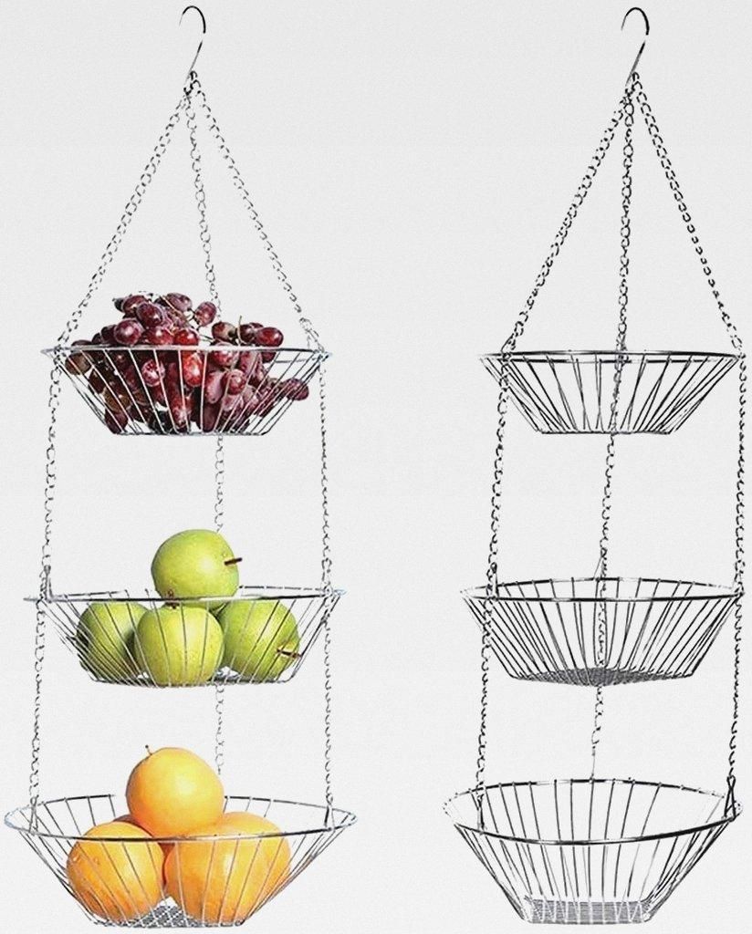 3 Etagen Obstkorb zum Hängen, Hängekorb 3 stöckiger Pflanzen Suitable for Every Kitchen, Rostfreier Stahl Multi-Functional Hanging Basket for Fr...