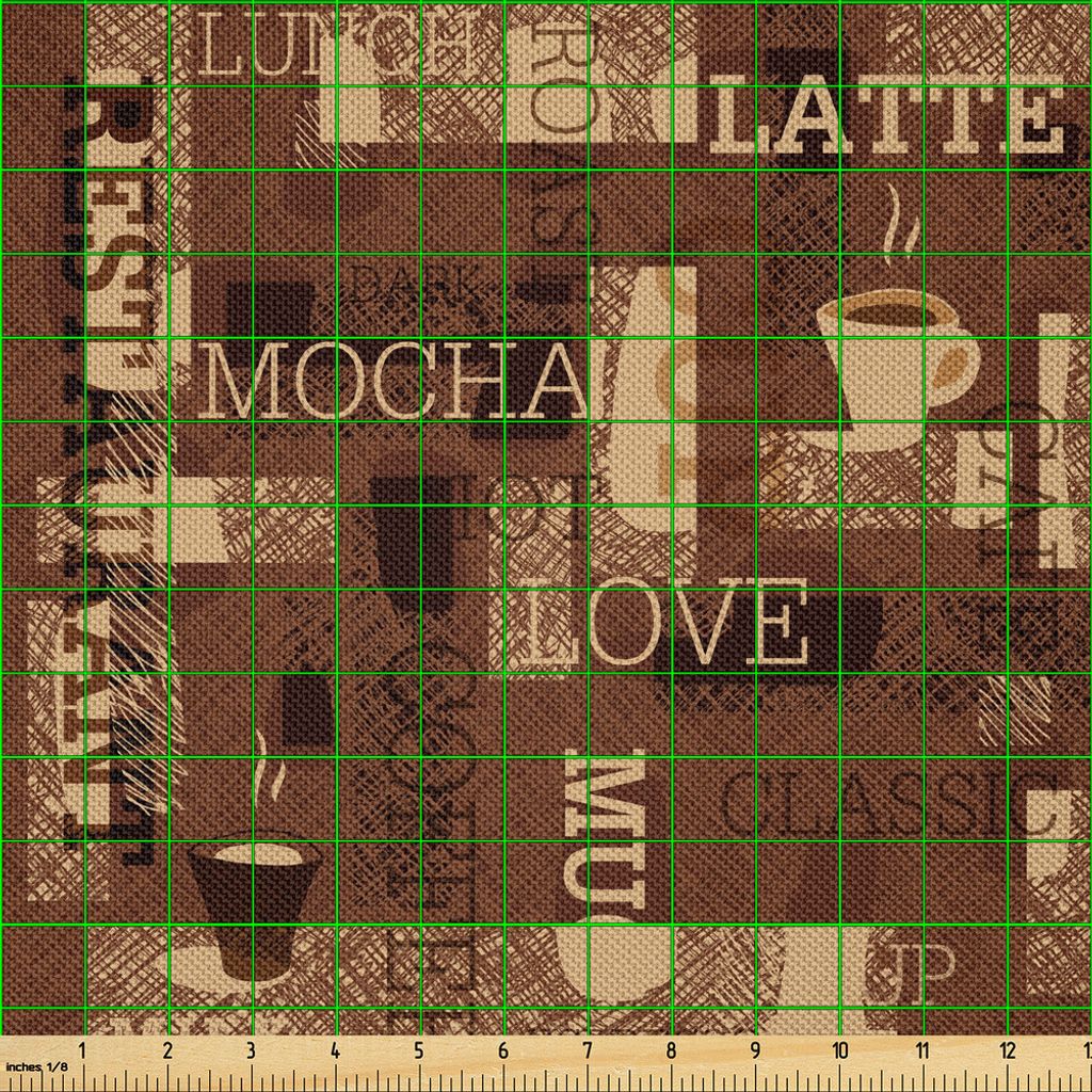 ABAKUHAUS Kaffee Satin Stoff als Meterware, Cafeteria-Muster mit heißer Mokka-Latte-Milch-Liebes-Typografie auf Gekritzel-Hintergrund, 1 M (148 x ...