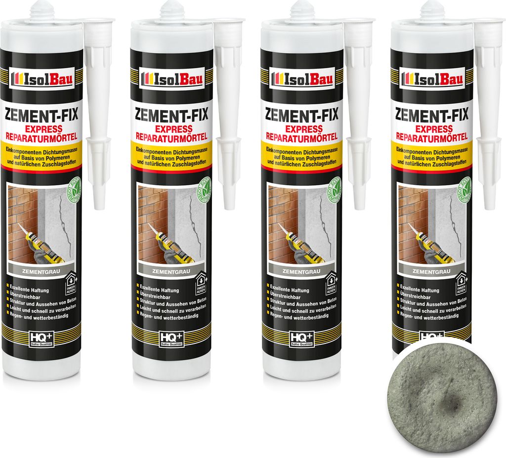 Isolbau Zement-Fix 4 x 300 ml Zementgrau Express Reperaturmörtel - Dichtungsmasse für Fugen & Risse im Innen- & Außenbereich, Kartusche