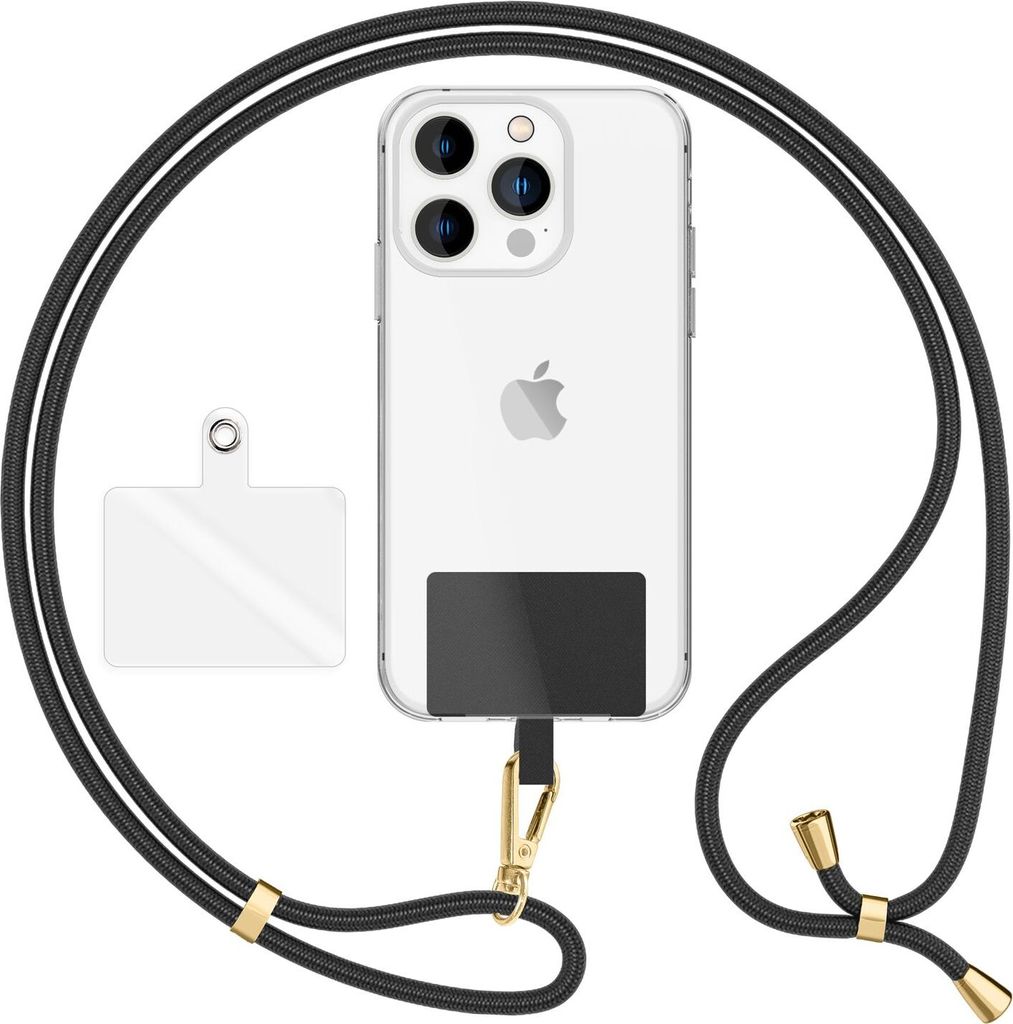 HoldMe Air Edition - Universal Lanyard mit 2 Pads & Karabinerhaken (gold) - 160cm Handyband zum Umhängen - Schwarz