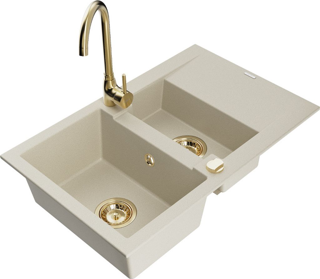 Mexen Gaspar 1,5-Becken-Granitspüle mit Abtropffläche und Mischbatterie Telma, Beige - 6507-69-670200-50
