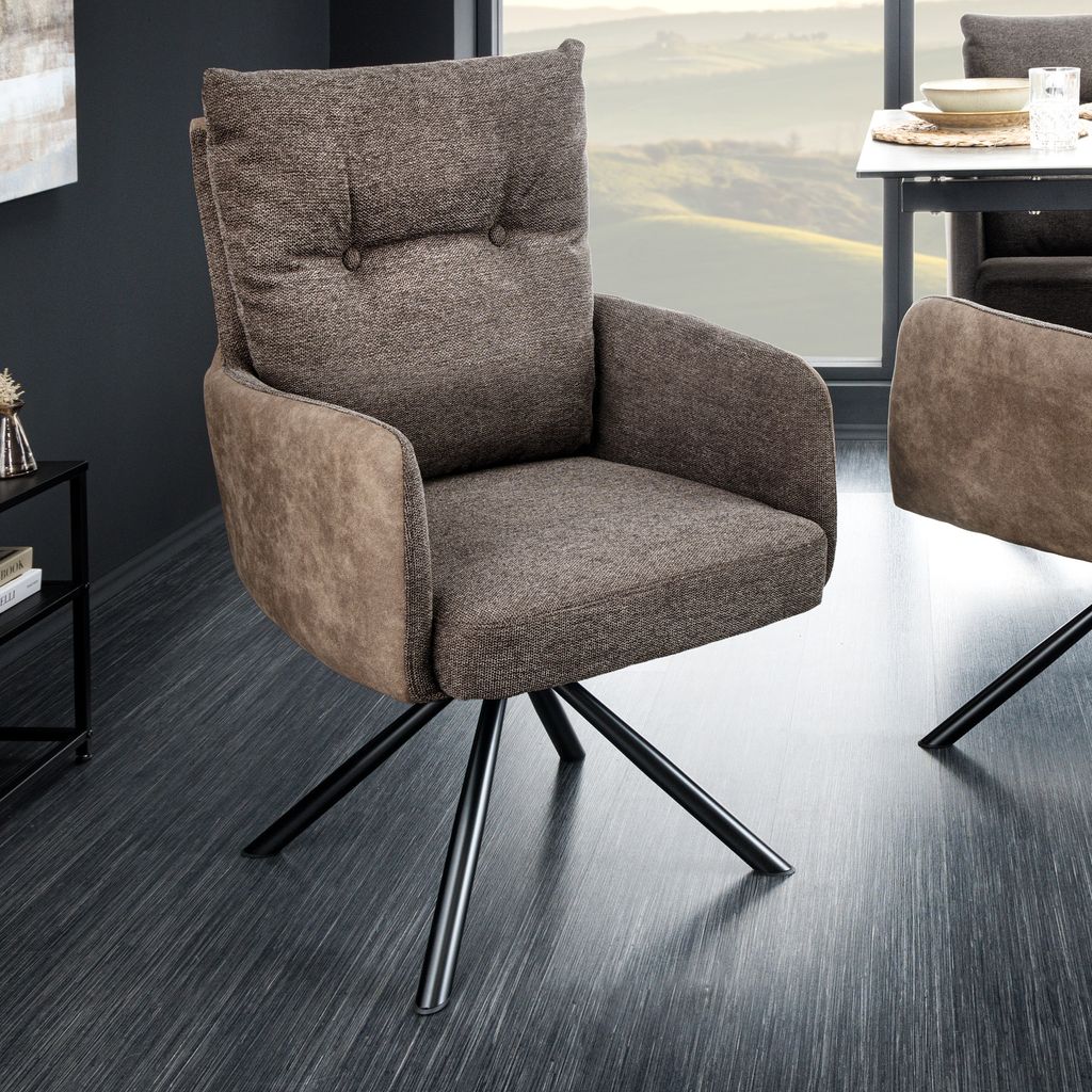 riess-ambiente Drehbarer Stuhl BIG GEORGE taupe Microfaser Webstoff Federkern mit Armlehne Metall schwarz Drehstuhl Esszimmerstuhl Konferenzstuhl
