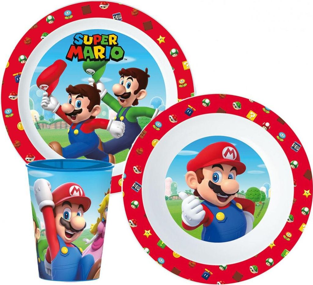 Mushroom Kingdom Geschirrset, Mikrokunststoff-Set, mit 260 ml Becher