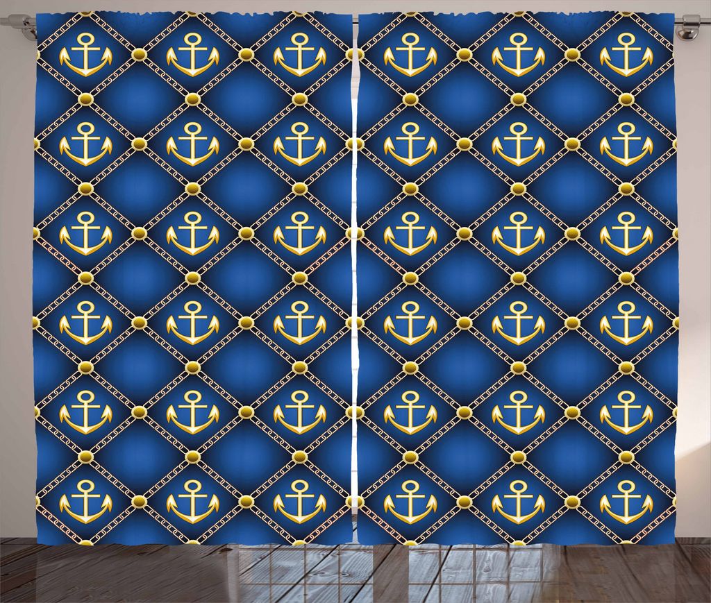 ABAKUHAUS Königsblau Rustikaler Vorhang, Maritimes Thema Anker, Wohnzimmer Universalband Gardinen mit Schlaufen und Haken, 280 x 225 cm, Braun Gelb