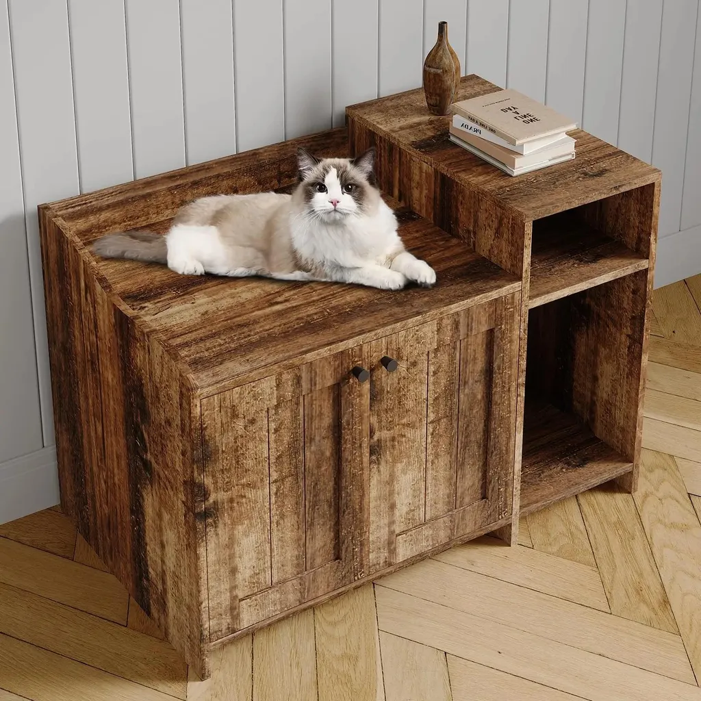 Meuble litière 2-en-1 sécurisé chiens avec portes et étagère de rangement