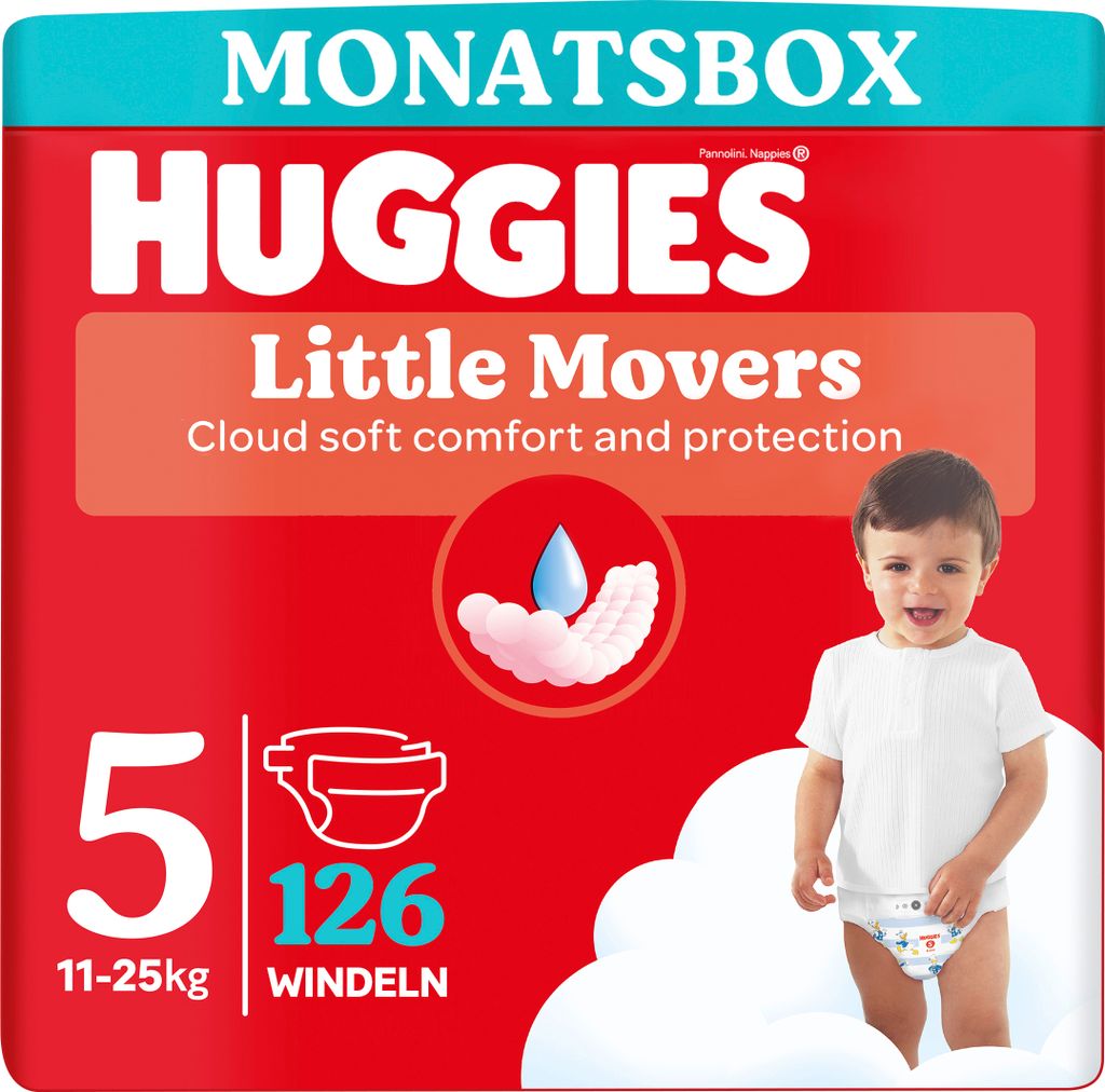 A package of Huggies Little Movers baby diapers, size 5, featuring a child and product details.