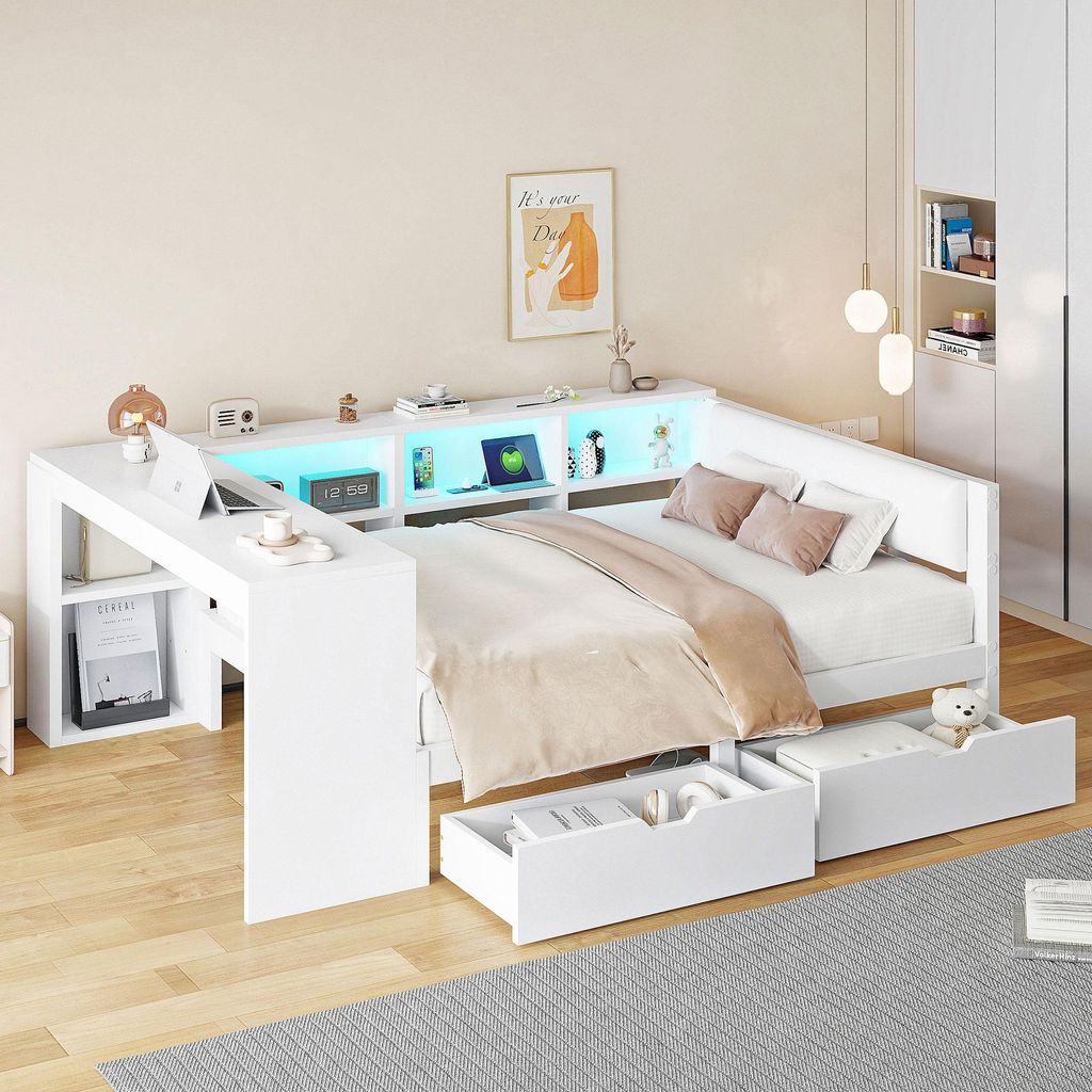 STILVORA 140x200 Jugendbett mit Ablageflächen und Schubladen,Holzbett mit gepolstertem Kopfteil und Ladestation ,Doppelbett mit LED-Leuchtung,ohne...