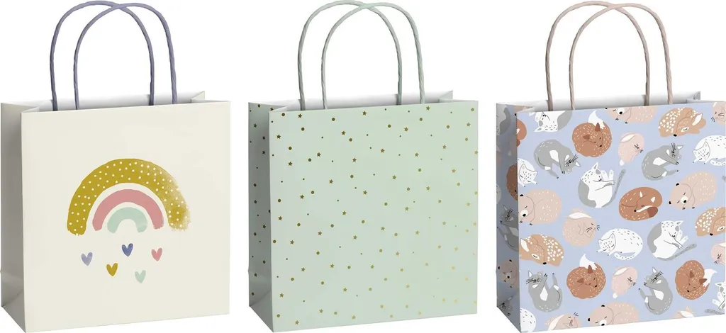 Lot de 3 Sacs Cadeaux Bébé 20x20x8 cm avec Motifs Tendres Assortis