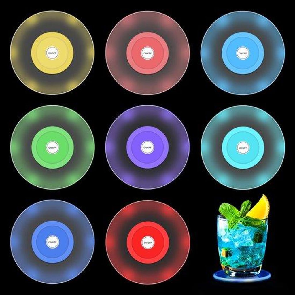 Farbige LED-Untersetzer 8er Pack, wasserdicht, 7 Lichtmodi