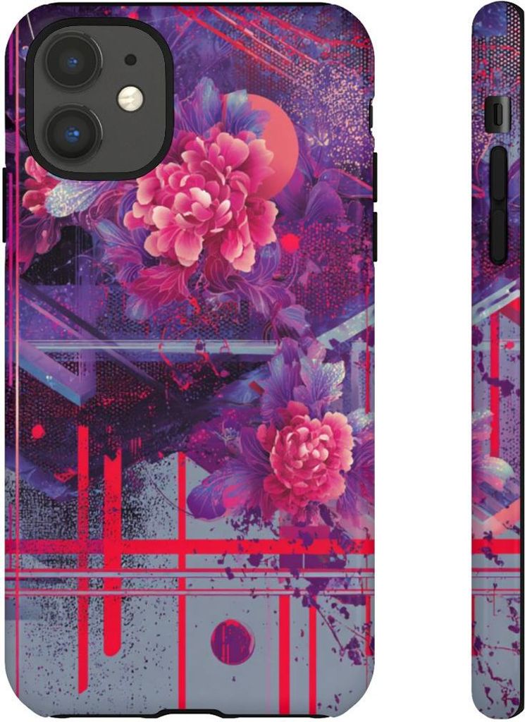Abstraktes Blumenmuster mit Neon-Geometrie – Hülle Kompatibel mit iPhone 11